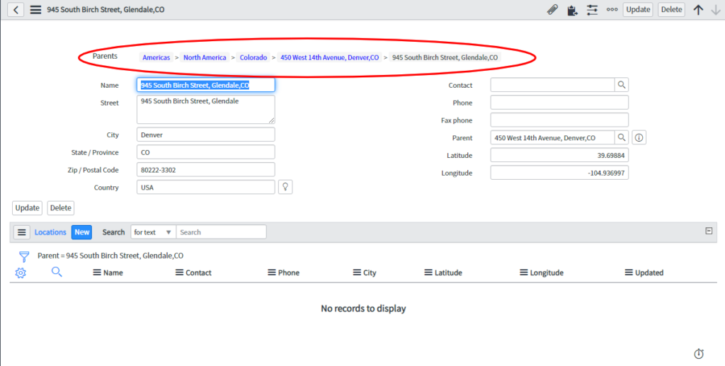 ServiceNow Locations form showing parent hierarchy